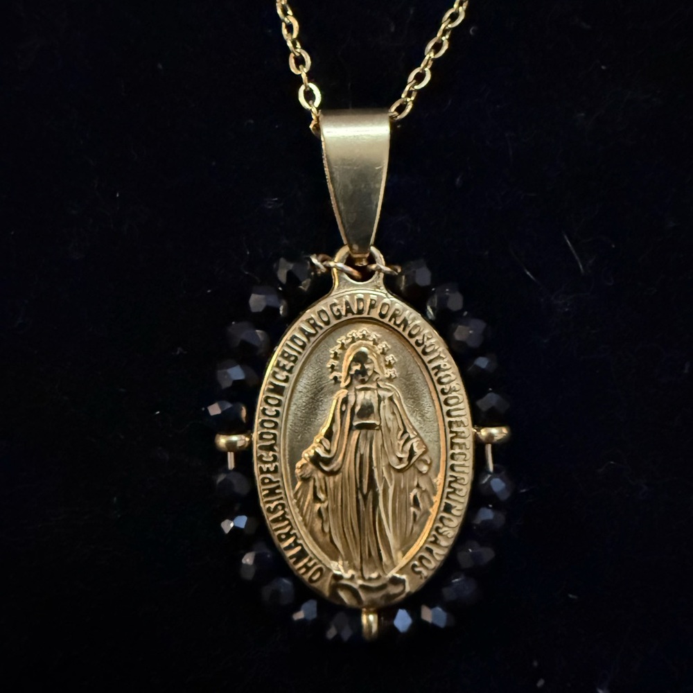 Gold-tone Virgin Mary Pendant Necklace with Black Bead Halo